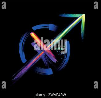 Sagittarius zodiac sign, painted with large strokes of rainbow, bright, multicolor, luminescent, neon paint on black background. Zodiac symbol. Stock Vector