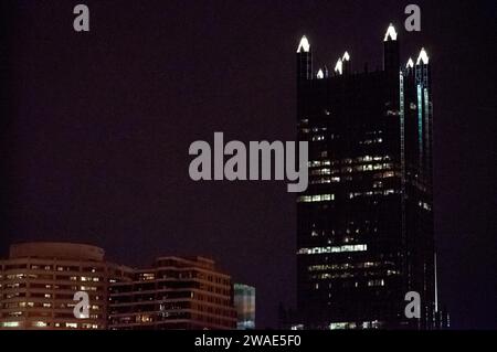 The Pittsburgh City Skyline at Night in Winter Stock Photo