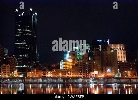 The Pittsburgh City Skyline at Night in Winter Stock Photo