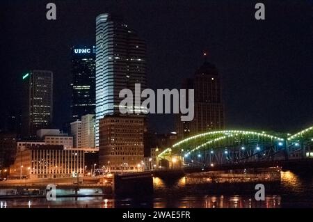 The Pittsburgh City Skyline at Night in Winter Stock Photo