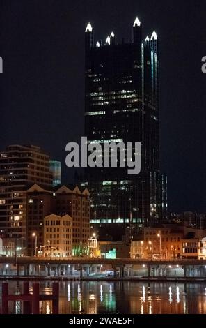 The Pittsburgh City Skyline at Night in Winter Stock Photo