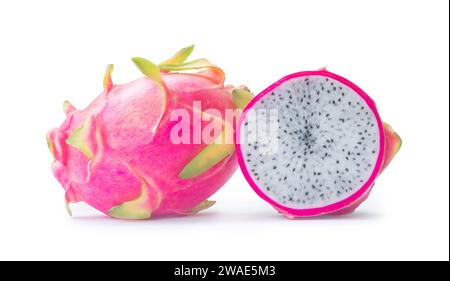 Beautiful fresh red dragon fruit with half or slice is isolated on white background with clipping path. Stock Photo