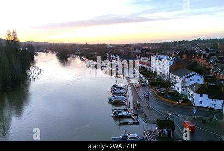 Early morning aerial view of the river Thames at Henley-on-Thames, Oxfordshire, UK Stock Photo
