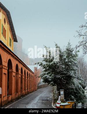 Portico of San Luca. A monumental roofed arcade (Portico di San Luca) consisting of 666 arches. Road to the catholic sanctuary in winter Stock Photo