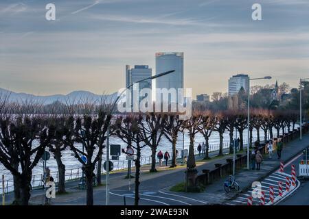 Bonn, Germany - December 17, 2023 : Panoramic view of the promenade next to the river Rhine and the United Nations Campus and the Post Tower Stock Photo