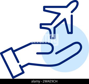 Hand holding a plane taking away. Airlines company. Pixel perfect, editable stroke Stock Vector