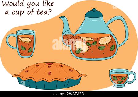 Flat tea party concept with berries pie. Vector illustration of tea time with hot cup and teapot Stock Vector