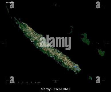 Shape of a Colored elevation map with lakes and rivers of the New Caledonia, with distance scale and map border coordinates, isolated on black Stock Photo