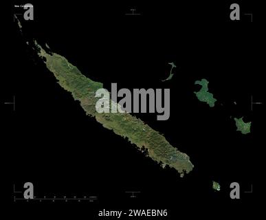 Shape of a high resolution satellite map of the New Caledonia, with distance scale and map border coordinates, isolated on black Stock Photo