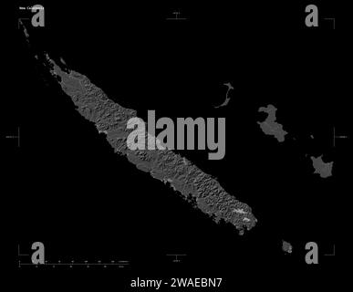 Shape of a Bilevel elevation map with lakes and rivers of the New Caledonia, with distance scale and map border coordinates, isolated on black Stock Photo