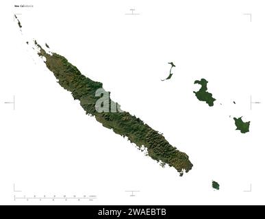 Shape of a low resolution satellite map of the New Caledonia, with distance scale and map border coordinates, isolated on white Stock Photo