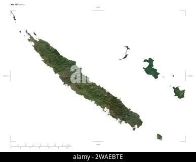 Shape of a high resolution satellite map of the New Caledonia, with distance scale and map border coordinates, isolated on white Stock Photo