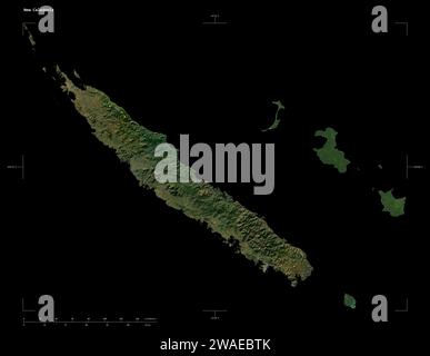 Shape of a low resolution satellite map of the New Caledonia, with distance scale and map border coordinates, isolated on black Stock Photo