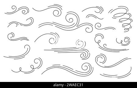 Doodle air wind motions, hurricane blow and windy storm flow waves, vector cartoon effects in line art. Autumn wind blowing in speed motion, windy spiral clouds of winter hurricane or summer breeze Stock Vector
