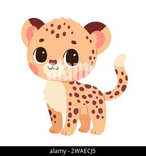 Cute cartoon guepard cheetah vector childish vector illustration in flat. For poster, greeting card and baby design. Stock Vector