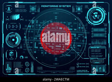 Surveillance HUD monitor screen, military security or spyware system technology, vector map. HUD surveillance radar interface with cyber spy controls, digital UI dashboard for aim location monitoring Stock Vector