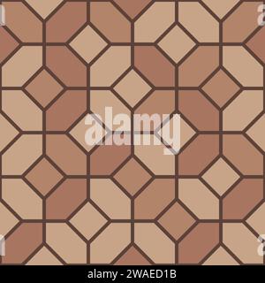 Brown Mediterranean tile pavement top view pattern, street cobblestone, garden sidewalk mosaic with hexagonal blocks. Vector road paving bricks. Flooring laminate or parquet for interior or exterior Stock Vector