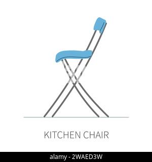 Stylish kitchen foldable chair on metal legs with blue plastic seat. Isolated chair on white background side view. Stock Vector