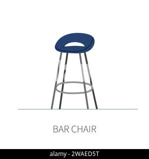 High stylish kitchen bar chair on metal legs with soft blue seat. Isolated chair on white background front view. Stock Vector