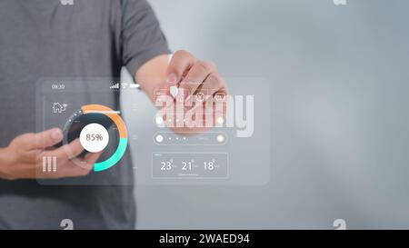 Human are using stylus pens to use smart applications., Smart home concept, Smart home Automation Control System, Smart home dashboard interface contr Stock Photo