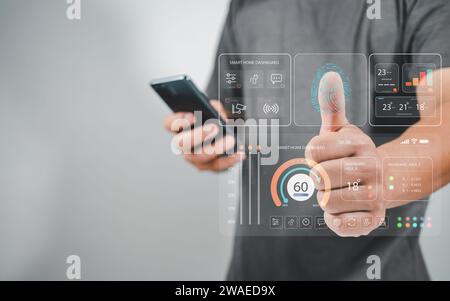 Human are scanning their fingers to use smart applications, Smart home concept, Smart home Automation Control System, Smart home dashboard interface c Stock Photo