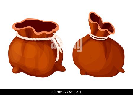 Bag, empty sack set with rope in cartoon style isolated on white background. Game asset, elements. Treasure or prize. Vector illustration Stock Vector