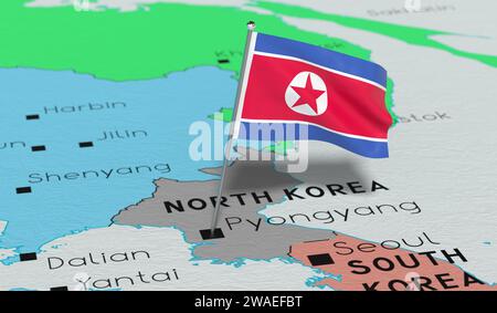North Korea, Pyongyang - national flag pinned on political map - 3D illustration Stock Photo