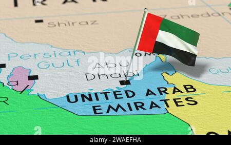 United Arab Emirates, Abu Dhabi - national flag pinned on political map - 3D illustration Stock Photo