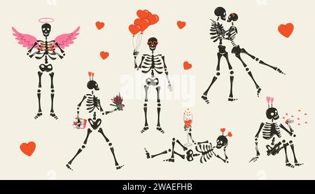 Set of Funny Skeletons with decor for Valentine's day. Cute character Skeleton Bones Stock Vector