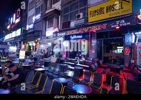 HO CHI MINH CITY, VIETNAM - MARCH 29, 2023: view of Bui Vien Walking Street in Ho Chi Minh City at nighttime. Stock Photo