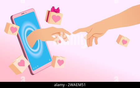 Valentines day concept with smartphone and hands from creation of Adam. A couple in love trying to touch hands, promotion product banner. Vector card Stock Vector