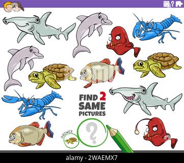 Cartoon illustration of finding two same pictures educational activity with sea life animal characters Stock Vector