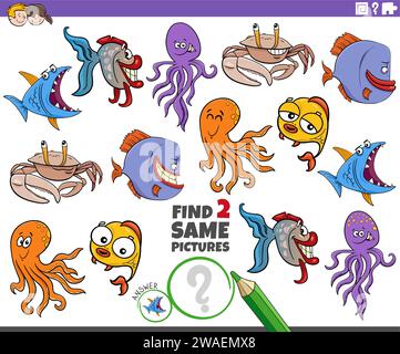Cartoon illustration of finding two same pictures educational activity with marine animal characters Stock Vector
