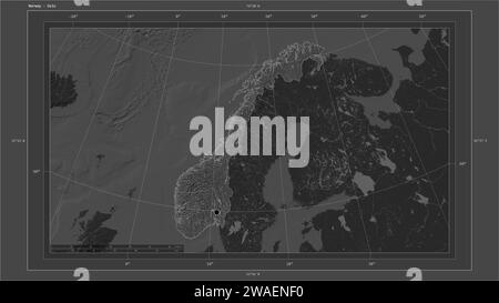 Norway highlighted on a Bilevel elevation map with lakes and rivers map with the country's capital point, cartographic grid, distance scale and map bo Stock Photo