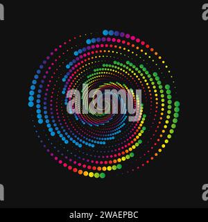 Halftone point vortex on dark. Abstract futuristic digital technology logo element. Vector geometric shape Stock Vector