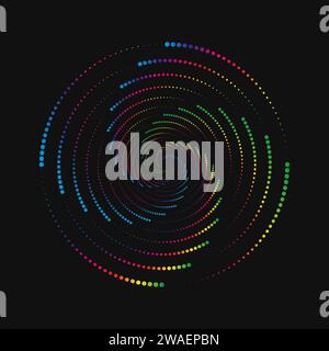 Halftone point vortex on dark. Abstract futuristic digital technology logo element. Vector geometric shape Stock Vector