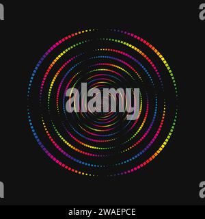 Halftone point vortex on dark. Abstract futuristic digital technology logo element. Vector geometric shape Stock Vector