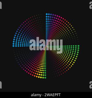 Halftone point vortex on dark. Abstract futuristic digital technology logo element. Vector geometric shape Stock Vector