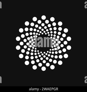 Halftone point vortex on dark. Abstract futuristic digital technology logo element. Vector geometric shape Stock Vector