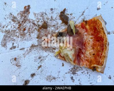 The last bitten slice of pizza on a cardboard box Stock Photo