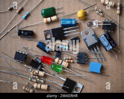 Electronic circuit components. Passive electrical elements and semiconductor parts. Stock Photo