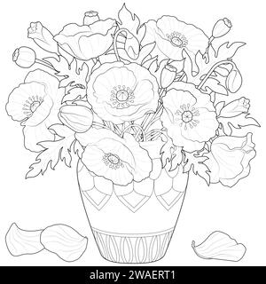 Poppy flowers in a vase. Art therapy Coloring page for kids and adults. Black and white Vector illustration isolated on White Background. Stock Vector