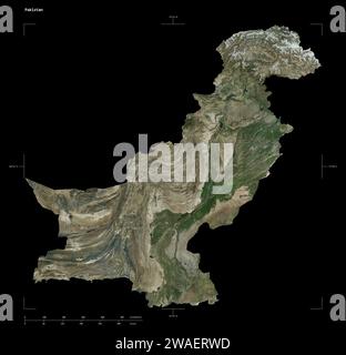 Shape of a high resolution satellite map of the Pakistan, with distance scale and map border coordinates, isolated on black Stock Photo