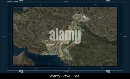 Pakistan highlighted on a high resolution satellite map map with the country's capital point, cartographic grid, distance scale and map border coordin Stock Photo