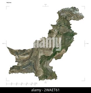 Shape of a high resolution satellite map of the Pakistan, with distance scale and map border coordinates, isolated on white Stock Photo