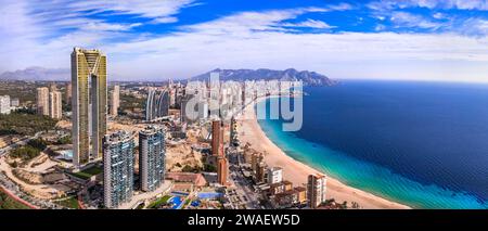 Benidorm city of Costa Blanca, Spain. Aerial drone panoramic high angle view, coastal cityscape panorama Stock Photo