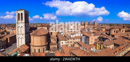 Landmarks of Italy - beautiful medieval town Ferrara in Emilia Romagna. aerial drone view of historic center with castle and duomo Stock Photo