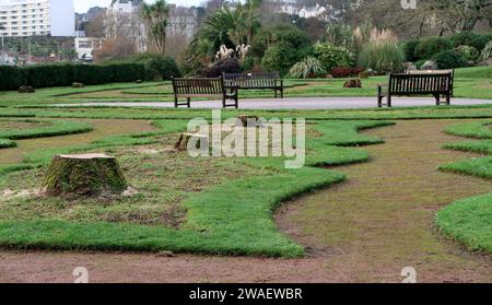 The stumps of the iconic palm trees in Abbey Park Gardens (Italian Gardens) on Torquay seafront. Stock Photo