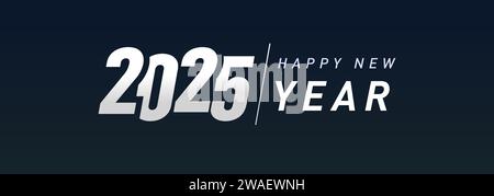 Happy 2025 horizontal banner. Promotional concept. New year holiday sale poster. Creative typography. Black and white flat design. Website graphic Stock Vector