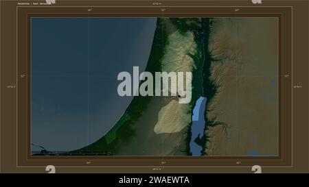 Palestine outlined on a Colored elevation map with lakes and rivers ...